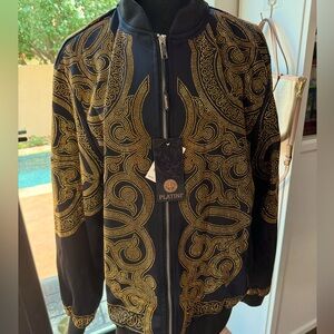 NWT Platini Black & Gold Baroque Bomber Jacket – Men’s XL